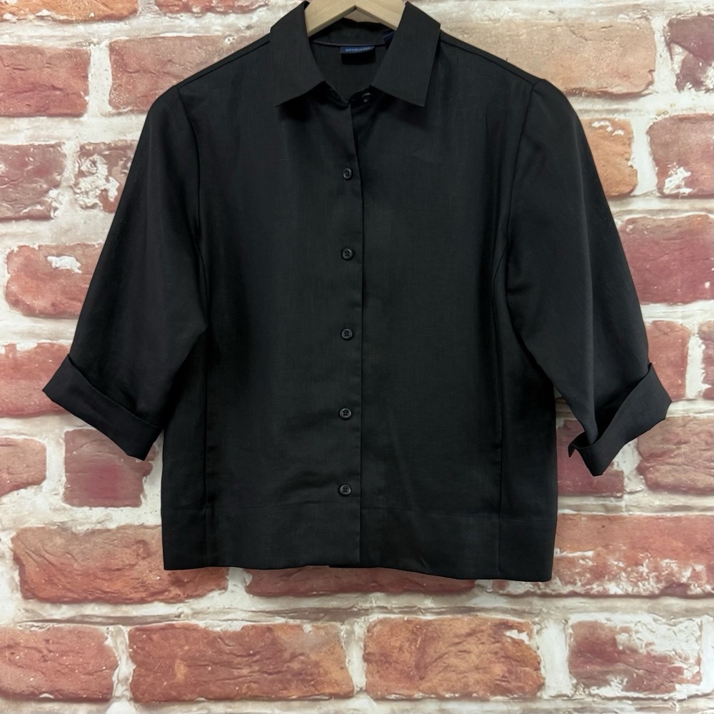 Westbound Top Women's Petite 6P Dark Black 100% Linen Casual Career Shirt